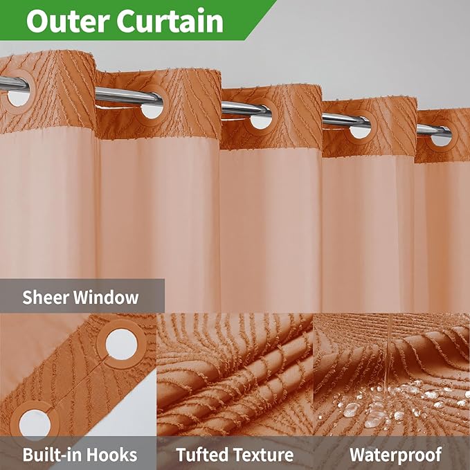 no Hook Shower Curtain and Liner Set，Boho Style with See Through Top Window, BurntOrange Fabric Tufted Striped Textured Outer Curtain & Waterproof Inner Liner, Orange, 71Wx77H