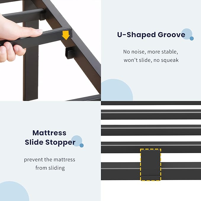 Queen Bed Frame with Mattress Slide Stopper, 14 Inch Metal Platform Bed Frame, Heavy Duty Tall Bed Frame No Box Spring Needed with Large Storage Space, Easy Assembly, Noise Free