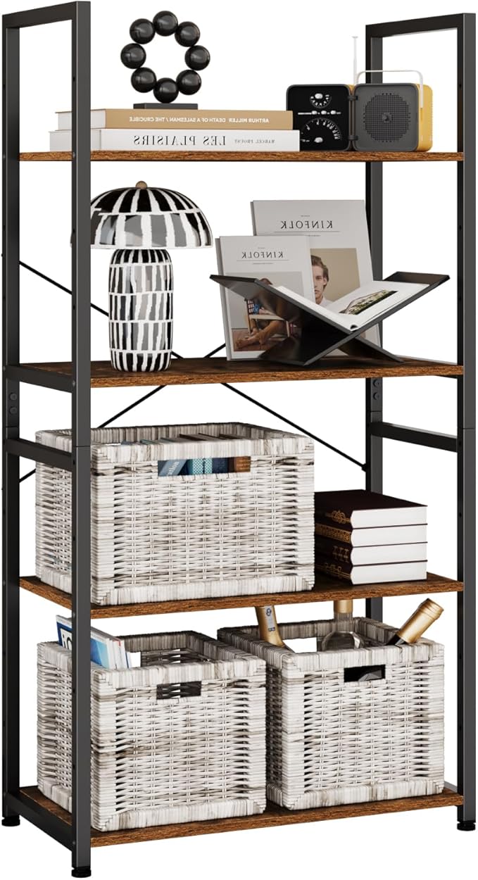 Book Shelf, Adjustable 4-Tier Tall Bookshelf, Wooden Bookcase Shelves for Bedroom, Living Room, Display Shelf for Home, Office, Kitchen, Standing Shelving Unit Storage Organizer BC-BR-4