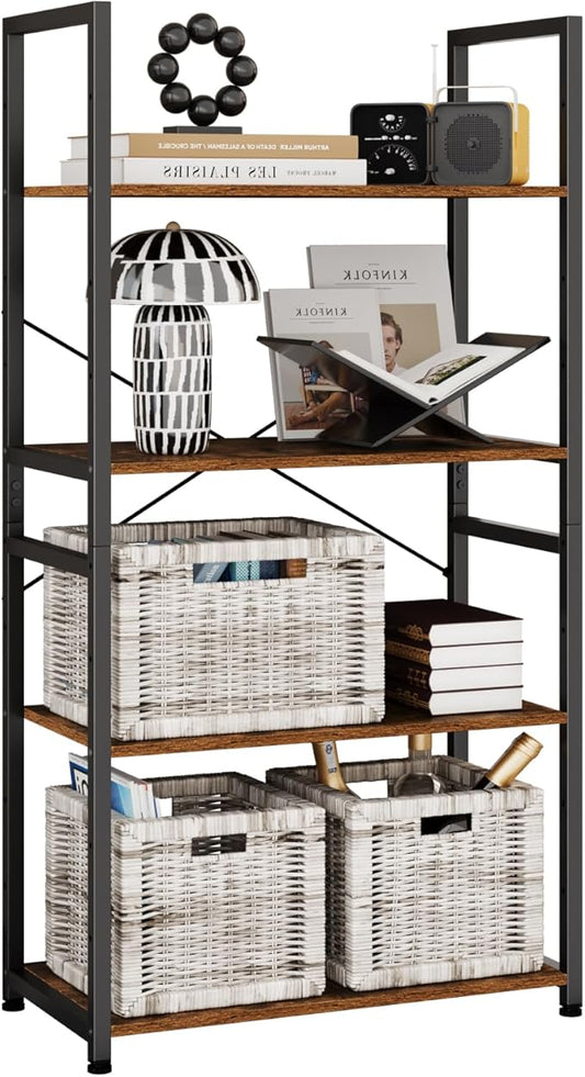 Book Shelf, Adjustable 4-Tier Tall Bookshelf, Wooden Bookcase Shelves for Bedroom, Living Room, Display Shelf for Home, Office, Kitchen, Standing Shelving Unit Storage Organizer BC-BR-4