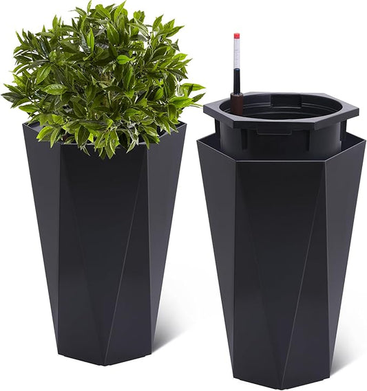 22.4 Inch Tall Planters for Outdoor Indoor Plants Set of 2, Tapered Large Flower Pots with 2 Trays and a Water Level Monitor with Wheels Planter Pots, Plant Pot for Patio, Balcony, Lounge
