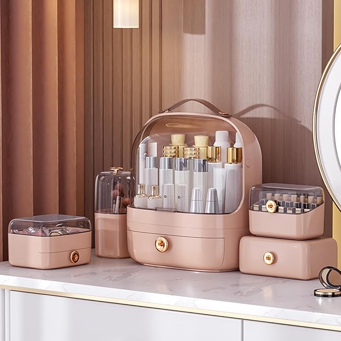 Ergocar Make Up Case Dustproof Cosmetics Skin Care Products Cosmetic Storage Box, Multi-Function Jewelry Organizer Case - Pink + Brush Holder