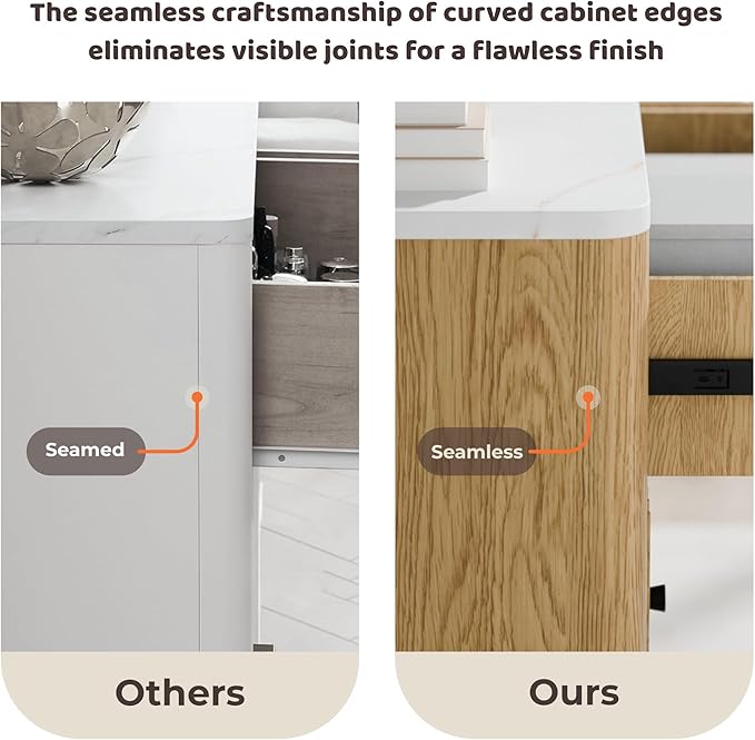 Fluted 6 Drawers Dresser for Bedroom, 54" Wide Modern Chest of Drawers with Faux Marble Top, Curved Profile Design, Solid Wood Legs, Wodden Dresser TV Stand, Storage Organizer for Bedroom,Oak