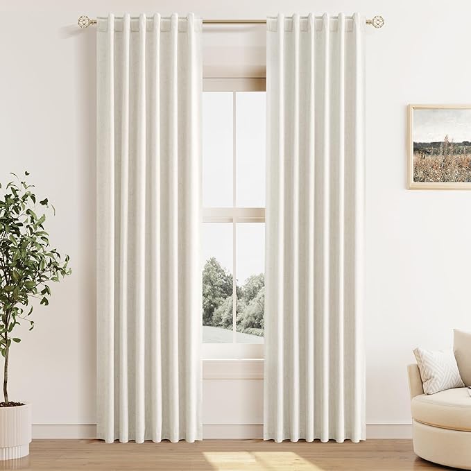 Guken Cream Linen Blackout Curtains 38 Inch Wide by 84 Inch for Living Room Bedroom Back Tab Thermal Insulated 100% Black Out Linen Drapes Room Darkening Window Curtains Ivory Natural