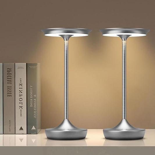 YHT Cordless Table Lamp, Restaurant Bedroom LED Rechargeable Stepless Dimming Desk Lamp, Outdoor Patio Portable 6000mAh IP54 Waterproof Table Light (Sliver 2Pack)