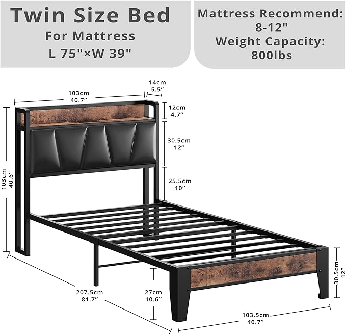 LIKIMIO Twin Bed Frame, Storage Headboard with Charging Station, Solid and Stable, Noise Free, No Box Spring Needed, Easy Assembly (Vintage and Black)