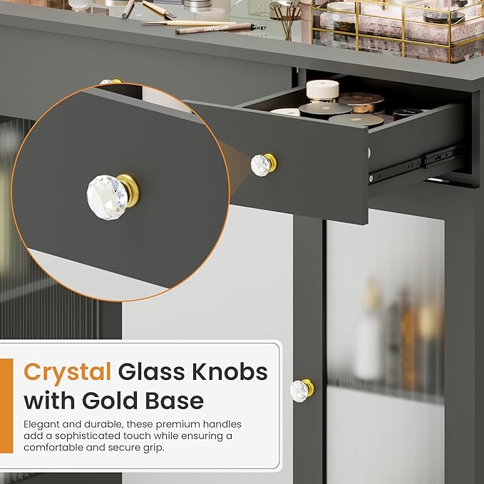 Pamapic Makeup Vanity with Crystal Knobs, Glass Top Vanity Desk with Mirror and Lights, Power Outlet, Drawers and Cabinet, 3 Lighting Color Adjustable Dressing Table, Upgraded Silent Slides, Black