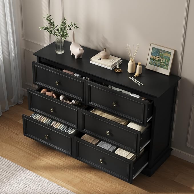 Modern 6 Drawer Dresser, Vintage Chest of Drawers with Metal Handle, Wooden Closet Dresser with Deep Drawers, for Living Room, Hallway, Black