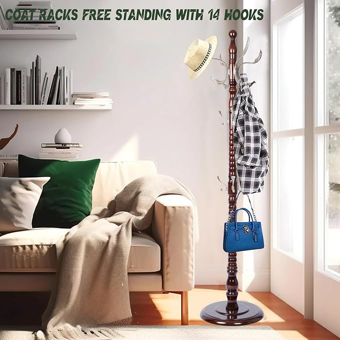 73" Wooden Coat Rack Stand,Coat Racks Freestanding With 14 Hooks And Solid Round Base Heavy Duty Adjustable Height Hall Tree Coat Rack for Entryway Hallway Foyer Office Bedroomf (Mahogany metal)