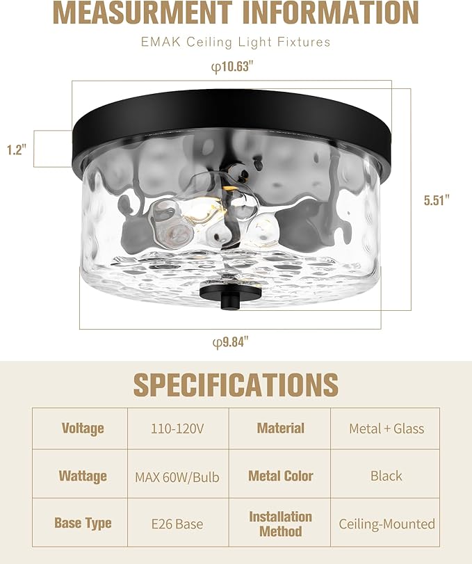 Emak 11 Inch Flush Mount Ceiling Light Fixture, Modern Black Light Fixtures Ceiling Mount with Hammered Glass Shade, 2-Light Drum Ceiling Lights for Bedroom, Bathroom, Hallway, Kitchen, FM082-BK-HG