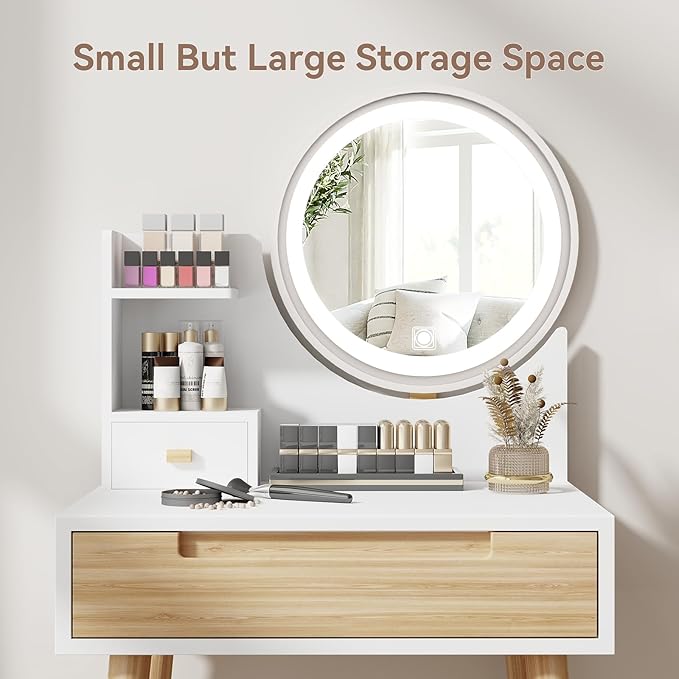 ARTETHYS Small Vanity Desk Set with 3 Adjustable Lighted Mirror and Storage Shelf White Tiny Makeup Vanities Set with Drawer for Bedroom 24 Inch Compact Dressing Table for Mini Space