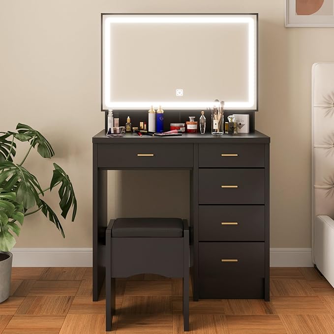 Makeup Vanity Desk with Mirror and Lights, Vanity Desk with 5 Drawers & Storage Shelves, Makeup Vanity Set with Cushioned Stool, 3 Modes Adjustable Sliding LED Mirror for Bedroom, Black