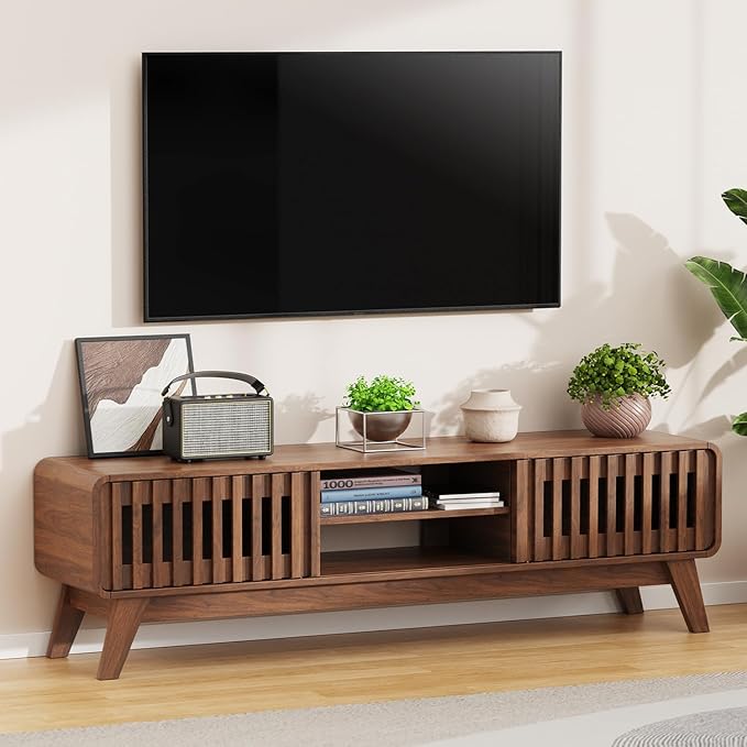 TV Stand 59" Mid-Century Modern Television Stand for 55/60/65 inch TV, Wood Entertainment Center with Storage, TV and Media Console for Living Room, Bedroom, Office (Walnut)