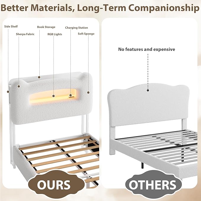 GarveeHome Upholstered Twin Bed Frame with 2-Tier Storage Headboard, LED Platform Bed with Charging Station and Drawer for Kids/Girls/Boys, Heavy Duty Metal Support, No Box Spring Needed, Beige