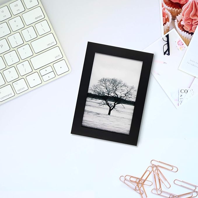 Egofine 4x6 Picture Frame Made of Solid Wood with Plexiglass, Display Pictures 3.5x5 with Mat or 4x6 Without Mat for Tabletop and Wall Mounting, Black