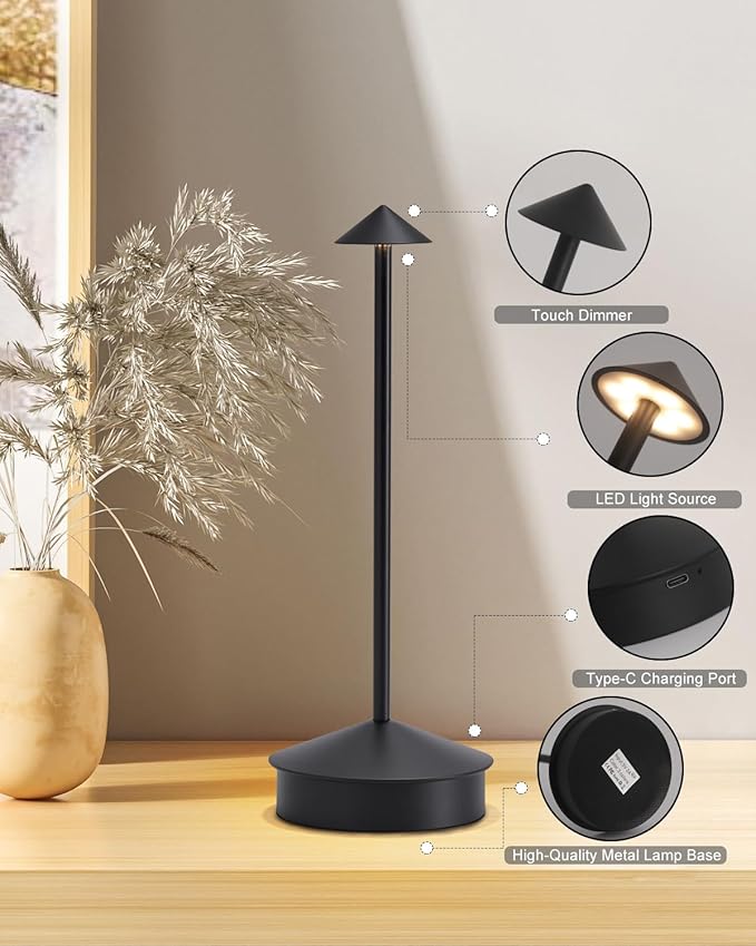 Cordless Table Lamp, 6000mAh Rechargeable Table Lamps, Portable Touch LED Lamp, 3 Color Stepless Dimming Battery Powered Bedside Table Lamps for Restaurant/Patio/Outdoor- Black (1 Pcs Black)