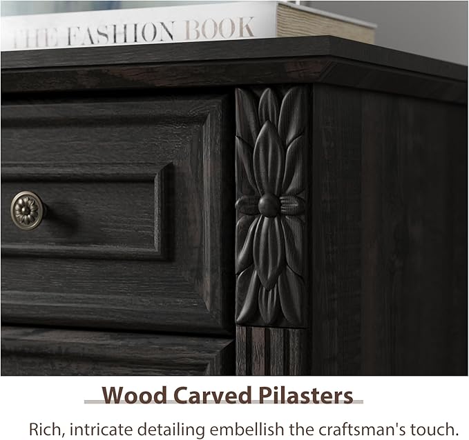 BLANKSPACE Black Dresser for Bedroom, Farmhouse 6 Drawers Dresser,Tall 6 Chest of Drawers Cabinet with Thickened Wood Carving for Home Office,Hallway