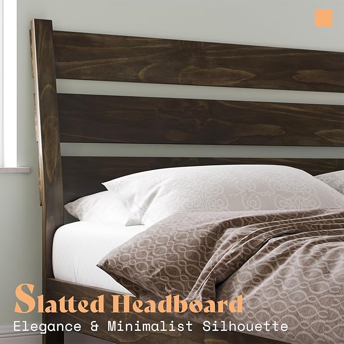 AMERLIFE Queen Solid Wood Bed Frame, Mid Century Platform Beds with Reclining Slatted Headboard, Wood Slat Support/No Box Spring Needed/Noise Free, Dark Brown