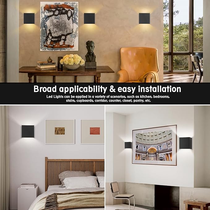 HEQIQEH Modern Style Battery Operated Wall Sconces, LED Cube Indoor Up and Down Wall Lamp with Remote Control, Dimmable Cordless Wall Lighting Fixtures for Living Room,Bedside (Black - 3 Pack)