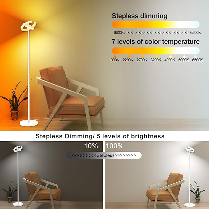 Torchiere Floor Lamp for Bedroom, 75.5 Inch Tall Corner Standing Lamp for Living Room with Rotatable Ring Lights, 36W Bright Dimmable LED Floor Light with Remote Control for Reading Office