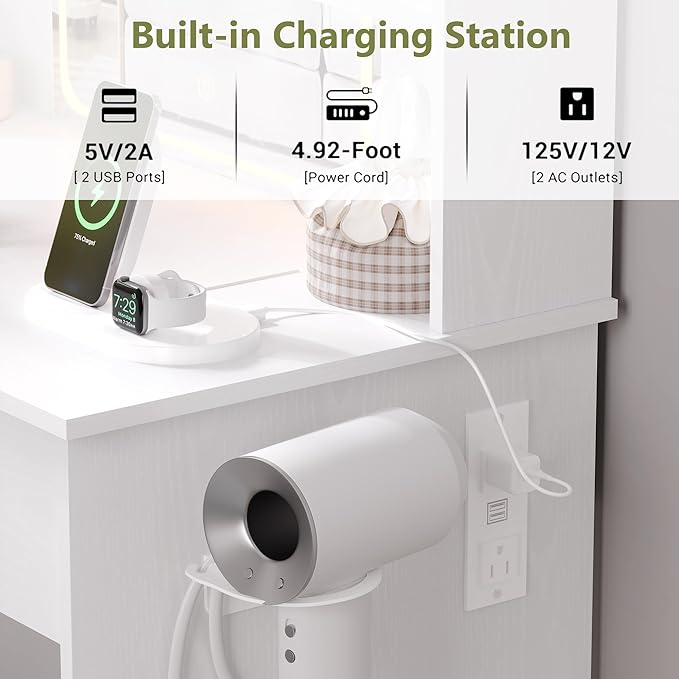 Small Vanity Desk with Mirror and Lights, Makeup Vanity with LED Lights, White Vanity Mirror with Lighted Desk and Chair, 3 Lighting Adjustable Compact Dressing Table with Mirror for Women, Girls