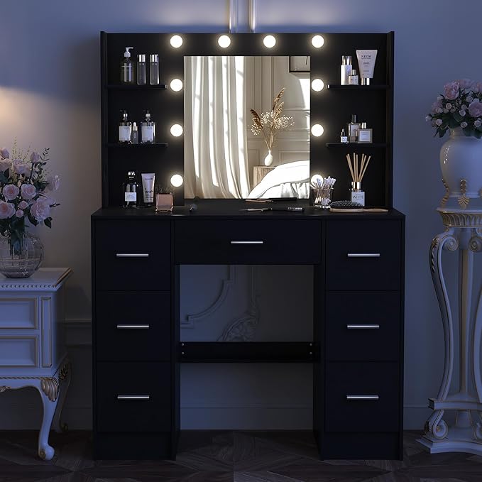 Vanity Desk with Mirror and Lights, Large Makeup Vanity Table Set with Drawers, Black Vanity with Lighted Mirror for Bedroom, Dressing Table for Teen Girls and Adult Women