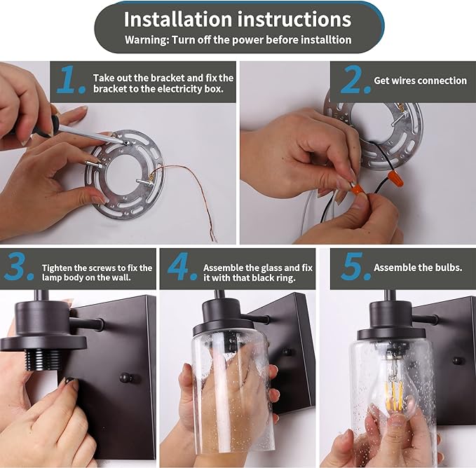 2-Pack Bath Vanity Light Fixtures Wall Sconces, Modern Indoor Bathroom Wall Lights with Seeded Glass, Black Wall Light Fixtures for Bedroom Mirror Kitchen Living Room Entryway Patio