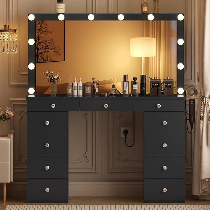 Likein Vanity Desk with Mirror and Lights,Black Vanity with Jewelry Storage Cabinet,Makeup Dressing Table for Bedroom with 11 Drawers, Power Strip, Crystal Knobs,3 Color Lighting Modes for Women,Girls