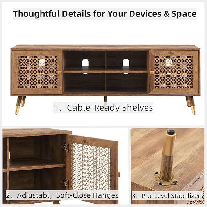 Mid Century Modern TV Stand for Living Room, TV Consoles for TVs Up to 75" - Rustic Oak Entertainment Center, 2 Gold Metal Mesh Doors & MDF Wood Grain, 15.8" D x 66" W x 23.5" H