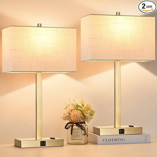 21" Touch Bedside lamps with 2 USB & AC Outlets, 3-Way Dimmable Bedside Table Lamps Set of 2 for Bedroom Living Room Office Reading, White Shade Lamps for Night Stands, 2700K LED Bulbs Included