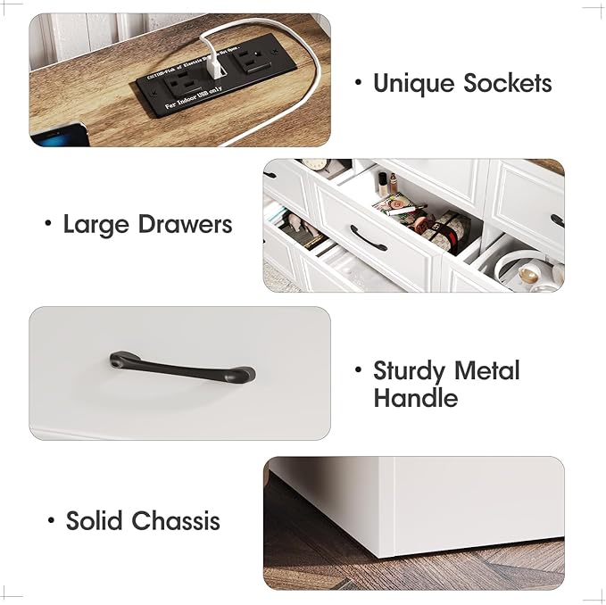 Fameill Dresser for Bedroom, 9 Drawer Wide Dresser Organizer with Charging Station, Tall Dresser for Hallway, Wood Dresser with Metal Handles, Farmhouse White
