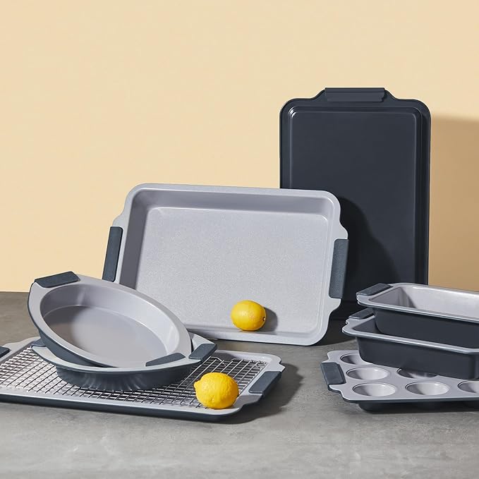 BRONYPRO Nonstick Ceramic Bakeware Set (9 Pieces),Heavy Duty Aluminized Steel Bakeware - Baking Set with Silicone Handles,Includes Sheet Pans,Loaf Pan,Muffin pan,Cake pans,PTFE & PFOA Free - Blue Gray