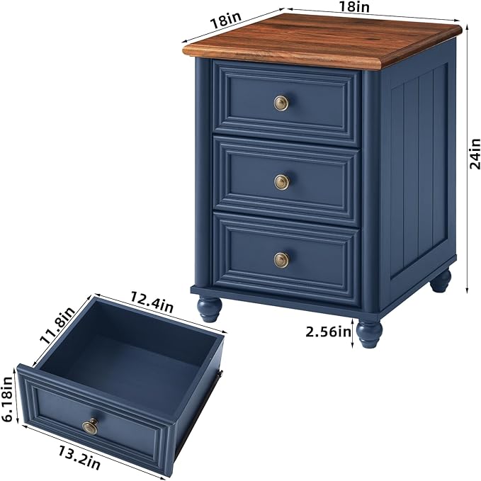 18" Farmhouse Night Stand, Blue Wood Nightstand with 3 Drawers, Bedside End Table with Storage and Roman Column, Bed Side Tables Cabinet for Bedroom, Living Room, and Closet