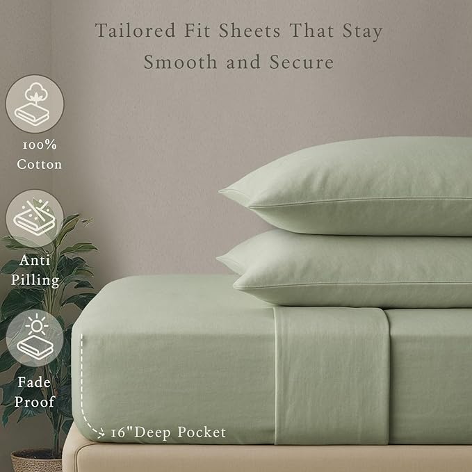 Threadmill - Hotel Luxury King Size Sheets 100% Cotton, 500 Thread Count Deep Pocket, Snug Fit, Soft & Crisp Cooling Hotel-Quality Bedsheets 4 Piece Set Sage Green