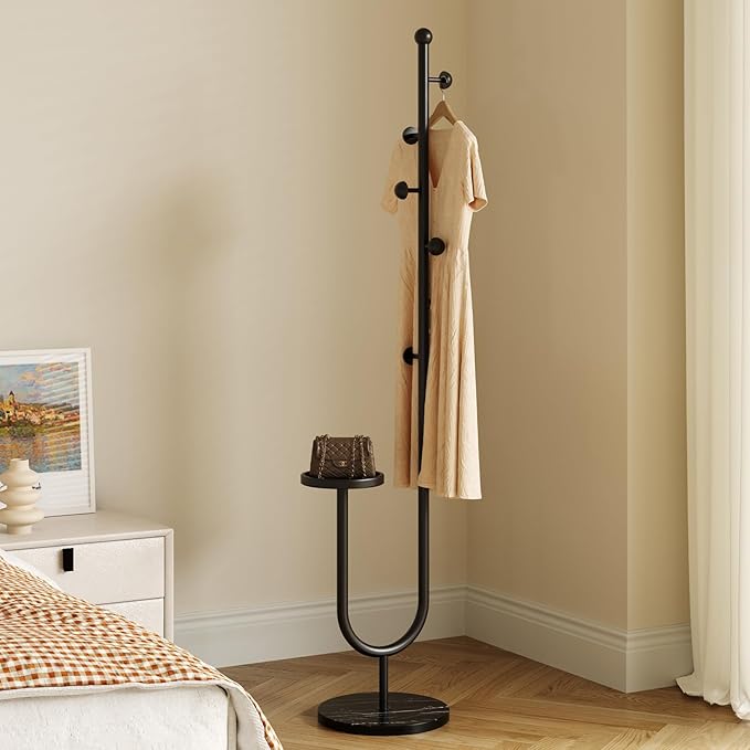 Coat Rack,Metal Free Standing Coat Stand with marble base, Hall Coat Tree with 6 Hooks and Storage Tray,68.9 Inch Tall, for Coats, Hats, Bags, for Entryway, Hallway, Bedroom (black)
