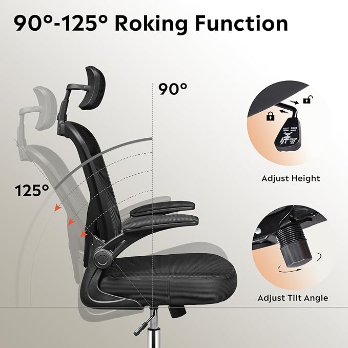 DEVAISE Office Chair High Back Mesh Ergonomic Desk Chair with Flip-up Armrests, Adjustable Headrest and Lumbar Support, Black