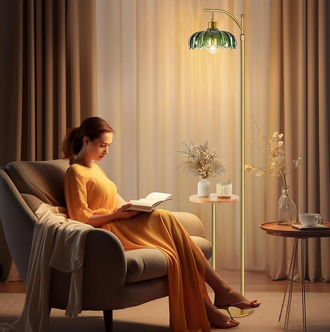 Arc Floor Lamp with Table and Shelves,Gold Floor Lamp for Living Room Glass Floor Lamps with Remote Control & 3 Color Temperature,Dimmable Standing Lamp Tall Flower Floor Lamps for Bedroom Corner