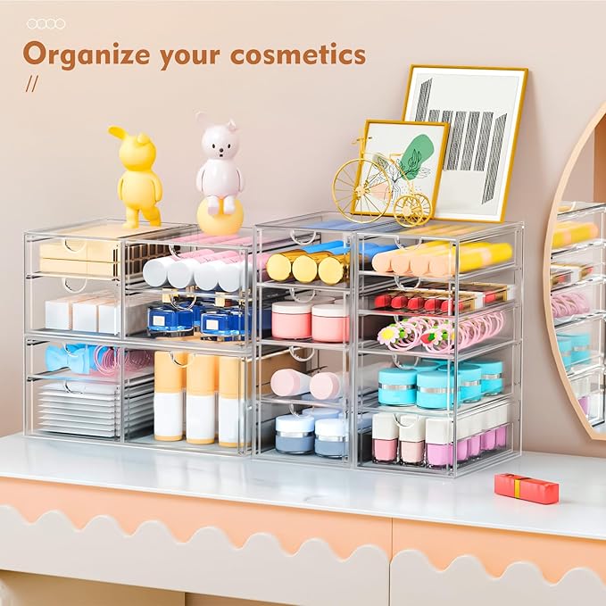 Makeup Acrylic Organizer with 17 Drawers(4 Sets), Desk Organizers and Accessories, Clear Makeup Organizer, Dustproof Storage Drawers for Office Art Craft Supplies