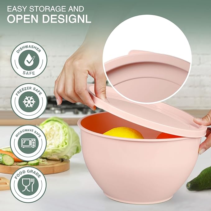 5-Piece Plastic Mixing Bowls with Lids Set for Kitchen, Nesting Bowls for Mixing, Baking, Prepping, Cooking and Serving Food, Mixing Bowls Dishwasher, Microwave Safe(5 Set-Pink)