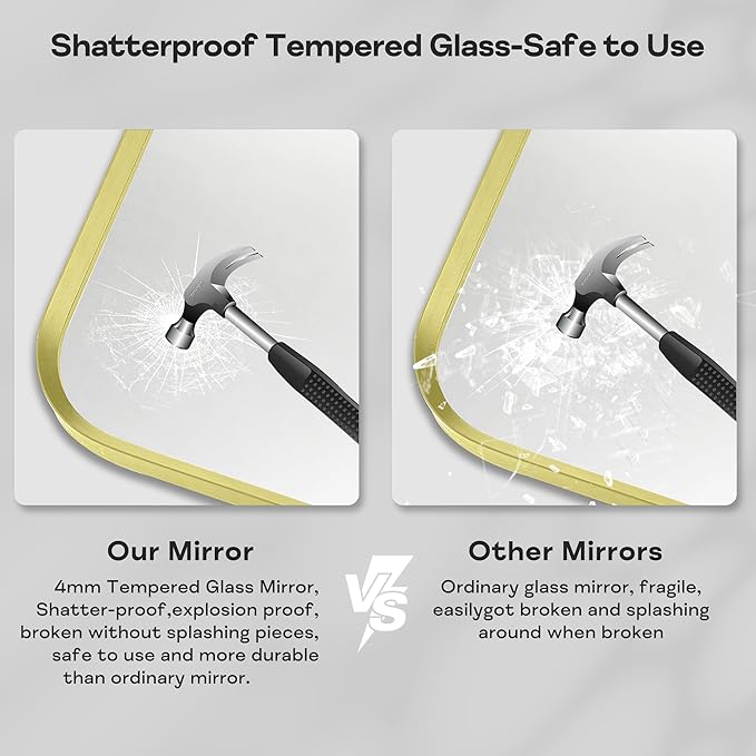 Wall Mount Mirror for Bathroom, Large Brushed Gold Metal Framed Rounded Corner Rectangular Vanity Mirror, Tempered Glass, Anti-Rust, Hangs Horizontally or Vertically (28" x 60", Gold)