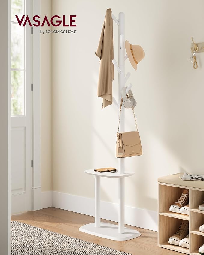 VASAGLE Coat Rack, Free Standing Coat Stand, Hall Coat Tree with 8 Hooks and Storage Shelf, 67.2 Inch Tall, for Coats, Hats, Bags, for Entryway, Hallway, Bedroom, Cloud White URCR040W01