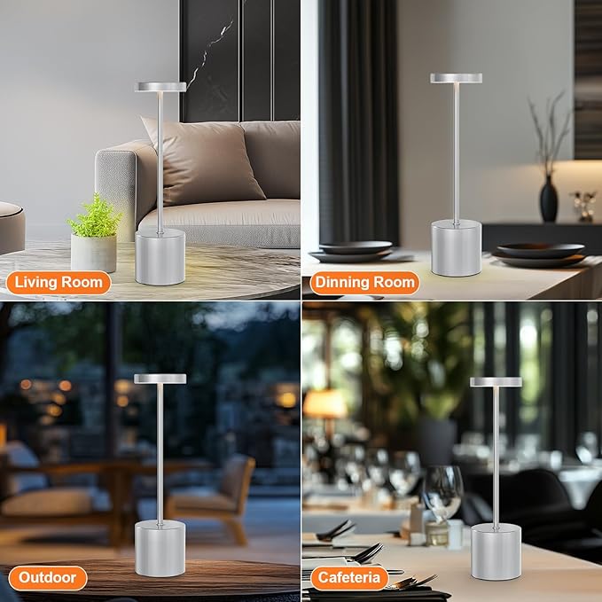 Rechargeable Table Lamp – 2 Pack Touch Lamps, Cordless Desk Lamp, 5000mAh Battery Operated Lamp with 3-Color Dimmable Light, Portable LED Lamp for Bedroom, Dining Room, Patio, Outdoor (Silver)