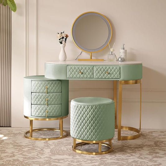 Faux Leather Makeup Vanity Desk Set with LED Lighted Mirror Luxury Dressing Makeup Table with Storage Drawers & Vanity Stool, Green
