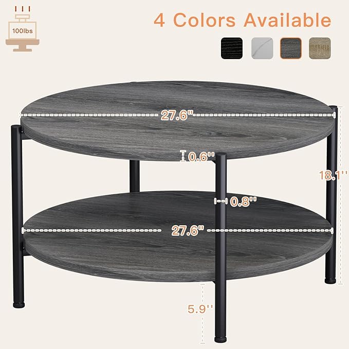 Coffee Table, 2 Tier Coffee Tables for Living Room, Round Coffee Table with Storage, Floor Table for Bedroom, Home Office, Rustic Brown (27.6" D x 18.1" H)