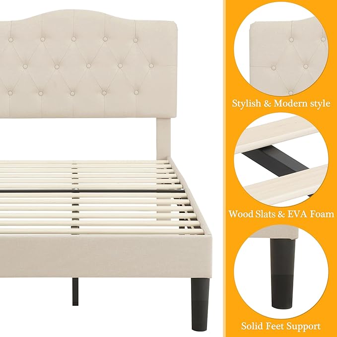 VECELO Twin Size Platform Bed Frame with Fabric Upholstered Headboard and Wooden Slats Support, No Box Spring Needed/Easy Assembly,Beige