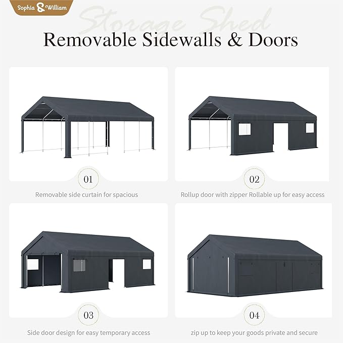 Sophia & William Carport Storage Shed 13x24 ft Portable, Heavy Duty Car Port Canopy Garage Shelter with Sidewalls and Roll Up Doors for Automobile Boat Motorcycle Bike, Gray