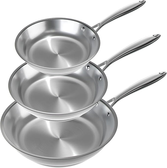 Verel Stainless Steel Frying Pan Set 3 Piece - 8 Inch, 10 Inch and 12 Inch Fry Skillet Stainless Steel Pan, Dishwasher and Oven Safe Cookware