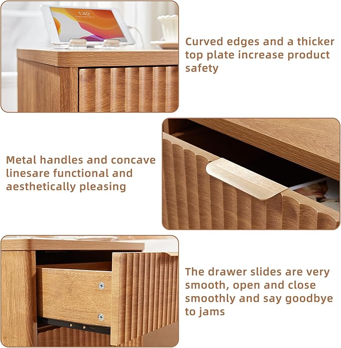 LEYAOYAO 23" Wide Fluted Night Stand with Charging Station, 3 Drawers Large End Table with Storage, Brown Nightstand Wood Bedside Tables, Farmhouse Cabinet Dresser for Bedroom, Living Room,Closet