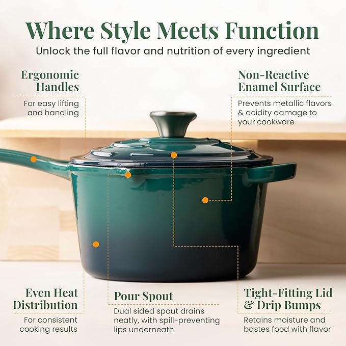Larder & Vine Enameled Cast Iron Saucepan | 2.2 qt Sauce Pan with Lid | Saucepan with Pour Spouts | Enameled Cast Iron Pot Compatible on All Cooktops & Oven Safe to 500° F | Bondi