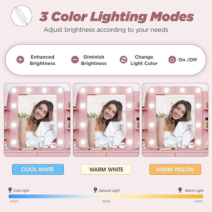 Vabches Vanity Desk with Lights,Makeup Vanity with Power Strip,Dressing Table Set with 2 Large Drawers,Vanity Mirror 3 Lighting Color Adjustable,Pink